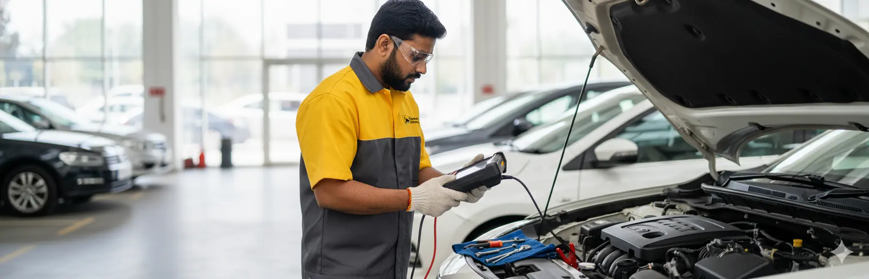 Technician providing roadside assistance at night